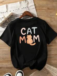 Printed T-Shirt With Front And Back Designs, "Cat Mom" Pattern, Round Neck, Short Sleeves,  And Casual Style, Double-Sided Print Top For Women. Elegant Party Outfit, Stylish Ladies' T-Shirt, Blouses Suitable For Curvy Women, Prom Skirts, Casual Wear - 黑色 - 查看 2