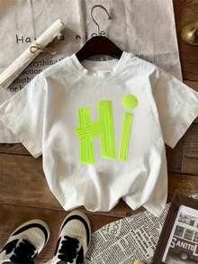 Women's Essential Casual T-Shirt, Comfortable And Versatile,  Short-Sleeved Crew Neck Tee For Ladies. Ideal For Valentine's Day, With A Fluorescent Green Letter Print, Made Of Soft Cotton For Everyday Wear. - 白色 - 查看 1