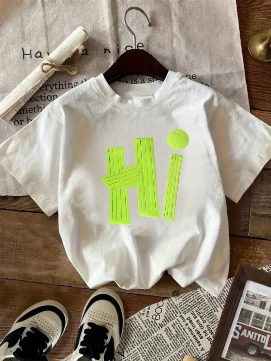 Women's Essential Casual T-Shirt, Comfortable And Versatile, Short-Sleeved Crew Neck Tee For Ladies. Ideal For Valentine's Day, With A Fluorescent Green Letter Print, Made Of Soft Cotton For Everyday Wear. - 白色 - 查看 1