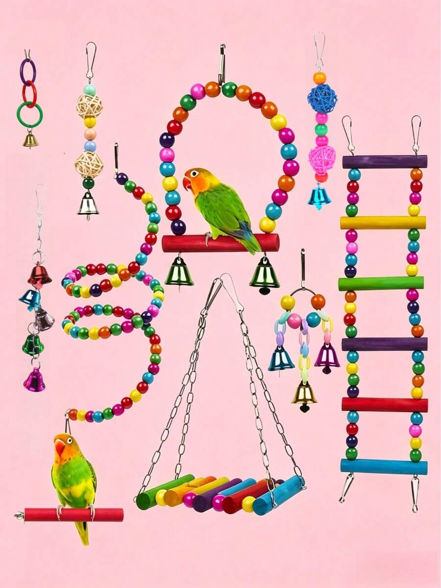8pcs Parrot Toy Set, Bird Cage Swing Ladder Hammock Bell Perch Mirror Accessories, Suitable For Small And Medium Parrots Chewing Grinding Training Toys, Suitable For Parrots, Small Parrots, Budgies, Etc., Random Color