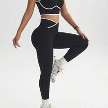 Dewbera Contrast Trim Hollow Back Camisole & Leggings Sports Suit - Marrón - Ver 4