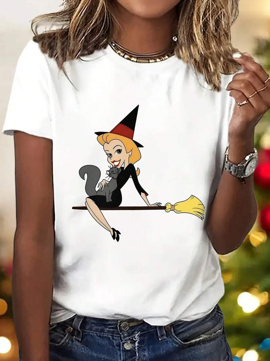 Y2K Women's Elegant Style T-Shirt With Witch Print, Short Sleeve, Round Neck, Casual Top, For All Seasons | Fashionable Casual Clothing | Loose, Casual, And Versatile T-Shirt With Letter Print - 白色 - 查看 1