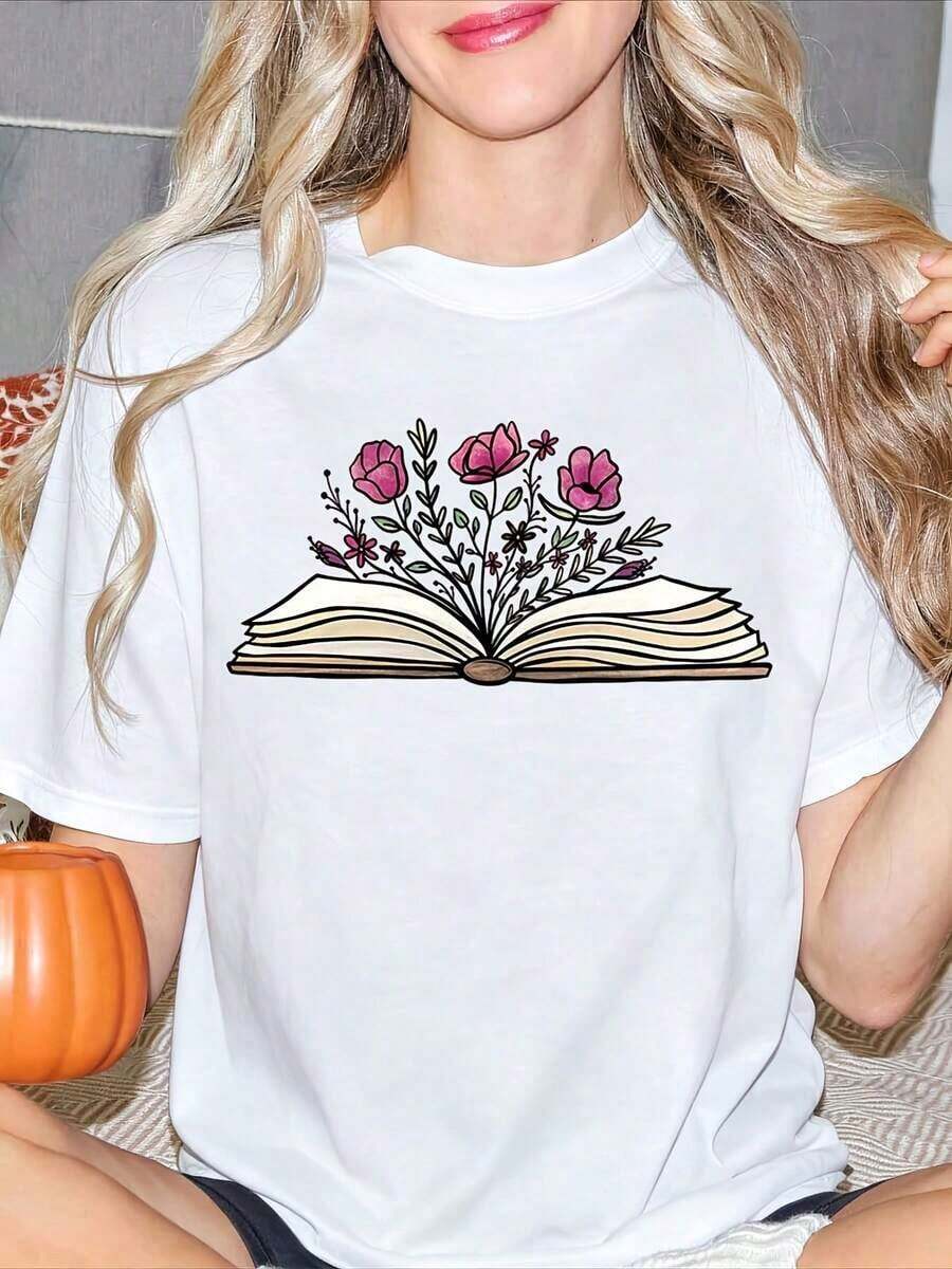 Women's Pure Cotton Crew Neck T-Shirt With A Floral And Open Book Design, Ideal For Book Lovers And Bookworms. A Perfect Gift For Her On Summer Outings, This Fashion-Inspired Print Is For Adults And Commemorates The 250th Anniversary Of The United States. - 白色 - 查看 1