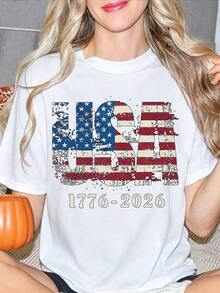 United States 250th Anniversary Commemorative T-Shirt, American Flag Design, Casual Crew Neck, Short Sleeve, Commemorative Gifts For The 250th Anniversary Of The Founding Of The United States, Independence Day Commemorative T-Shirts, Unisex Solid Color T-Shirts For The 4th Of July. - 白色 - 查看 1