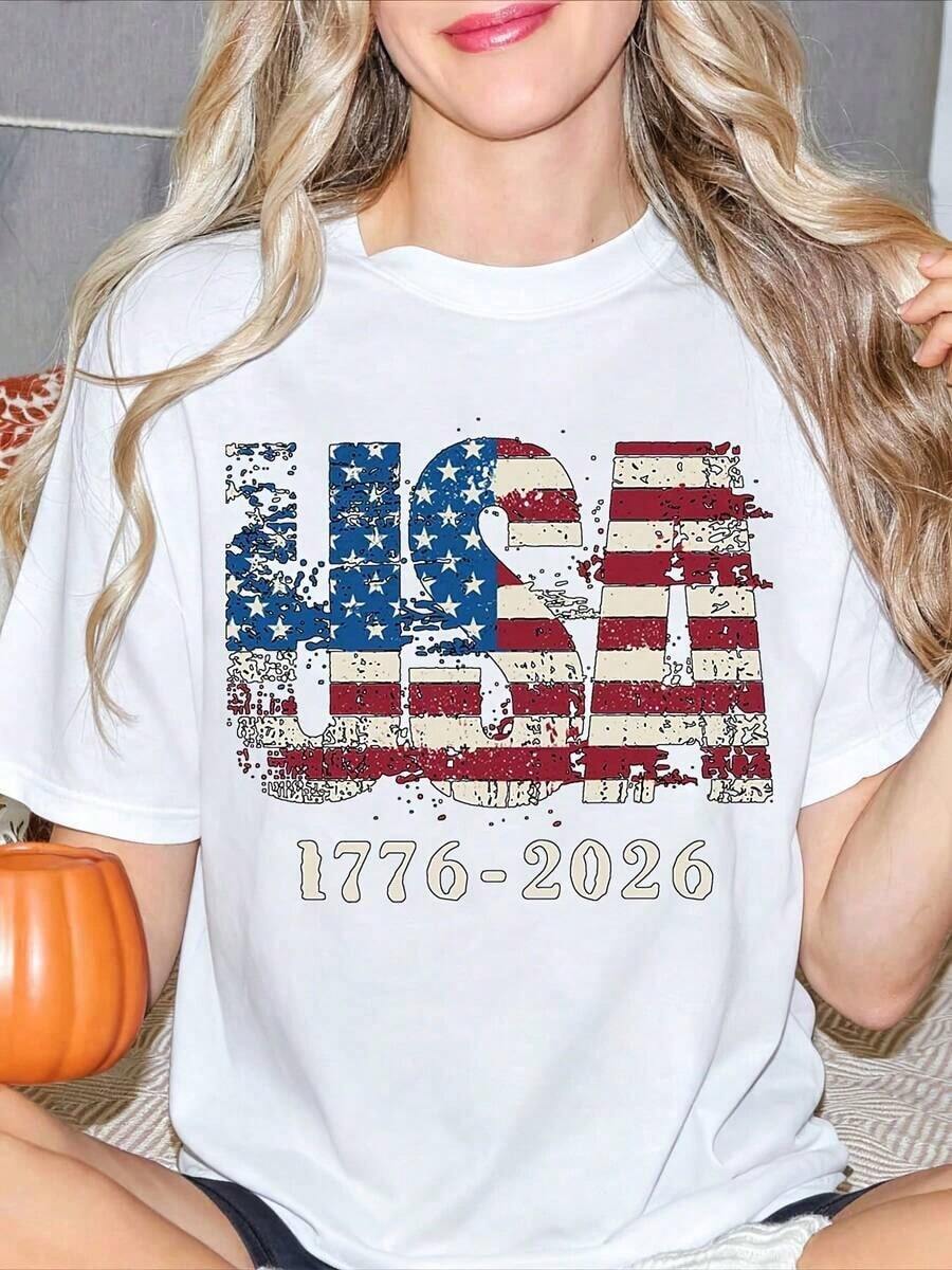 United States 250th Anniversary Commemorative T-Shirt, American Flag Design, Casual Crew Neck, Short Sleeve, Commemorative Gifts For The 250th Anniversary Of The Founding Of The United States, Independence Day Commemorative T-Shirts, Unisex Solid Color T-Shirts For The 4th Of July. - 白色 - 查看 1