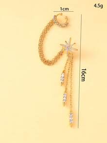 1pc Retro European & American Style Octagram Tassel Ear Cuff Earring, Sparkling Single Rhinestone Earring - Gold - View 2