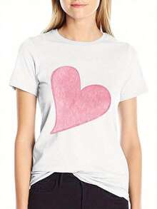 Women's Cotton T-Shirts - Women's Boho Chic Short Sleeve Graphic T-Shirt - Round Neck Blouse With Black And Pink Heart Print, Casual Chic Top For All Seasons, Machine Washable For Daily Wear And Special Occasions, Versatile Clothing, Artistic Design, Soft Material, Elegant Shirt, For Fashion Lovers, Shirt, Comfortable Material, Printed Blouse, Fashionable Basic Blouses For Women. - 白色 - 查看 2
