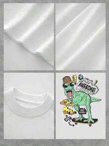 Women's Cool Dino Skateboard Pizza Cotton T-Shirt, Graphic Tee, Printed Tee, Ultra-Soft Pure Cotton Top, Casual Everyday Wear, Perfect Gift For Her And Dinosaur Lovers. Basic Women's Blouses - 白色 - 查看 5