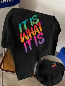 New Men's 180g Heavyweight T-Shirt, % Cotton, With Custom IT IS WHAT IT IS Print On The Front And Back, Fashionable Short-Sleeved T-Shirt For Men, Suitable For Daily Casual Wear And Outdoor Fitness Activities, Unique Double-Sided Pattern Design - To Be Layered In Spring And Autumn And Worn Alone In Summer, Unisex Style. - 黑色 - 查看 11