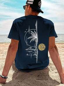 1 Piece Men's Graphic Print T-Shirt, Summer Beachwear, Loose Fit Short Sleeve T-Shirt. This Men's T-Shirt Has A Casual, Vacation-Style Design, Perfect For Beach Getaways As Well As Everyday Wear. - 藏蓝色 - 查看 2