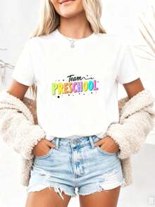 Colorful Preschool Team-Themed Graphic With Vibrant Rainbow Lettering And Arrow Details – Fun Design For Women, Ideal Gift For Preschool Teachers, Mothers, Or Early Childhood Educators, ComPure-Cotton - 白色3 - 查看 4