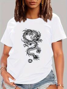 Women's Casual Cotton Crew Neck T-Shirts, Chinese Dragon Print, Comfortable Fit Short Sleeve T-Shirt, Breathable And Fashionable Casual Top, Simple T-Shirt For Everyday Wear - 白色 - 查看 1