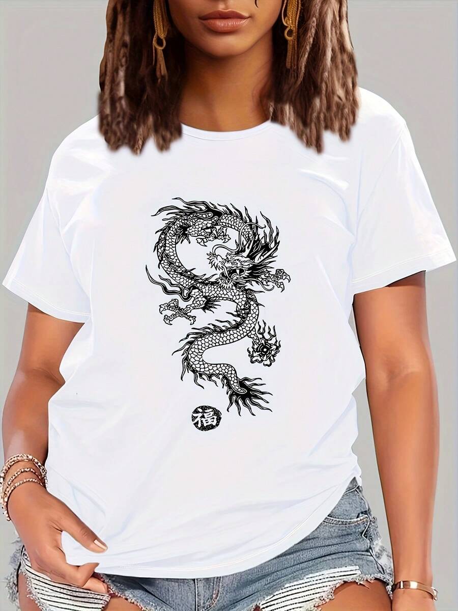 Women's Casual Cotton Crew Neck T-Shirts, Chinese Dragon Print, Comfortable Fit Short Sleeve T-Shirt, Breathable And Fashionable Casual Top, Simple T-Shirt For Everyday Wear - 白色 - 查看 1