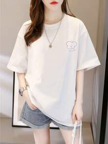 Women's Casual Cotton Crew Neck T-Shirt - Cartoon Cloud Print And LUCKY Pattern, Loose Fit Crew Neck Casual Top, Breathable, Machine Washable For All Seasons, Women's Summer Clothing, Unique Print T-Shirt, Comfortable Fabric, Loose Fit, Modern Design, Lightweight Style, Fashionable Top. Simple T-Shirt For Everyday Wear. - 白色 - 查看 1