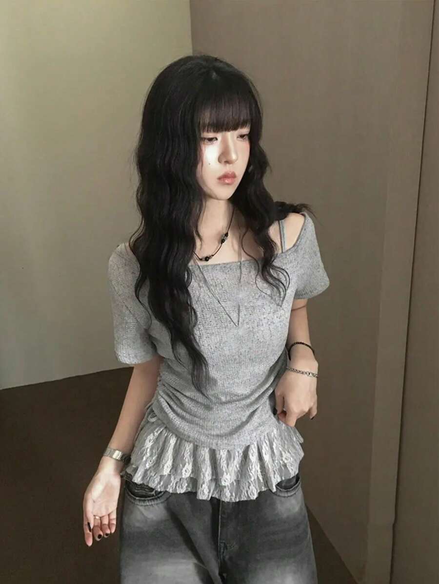 2pcs/Set Bow Tie Ruched Lace Crop Top + Camisole, Sexy Revealing Outfit Summer Elegant - Grey - View 1
