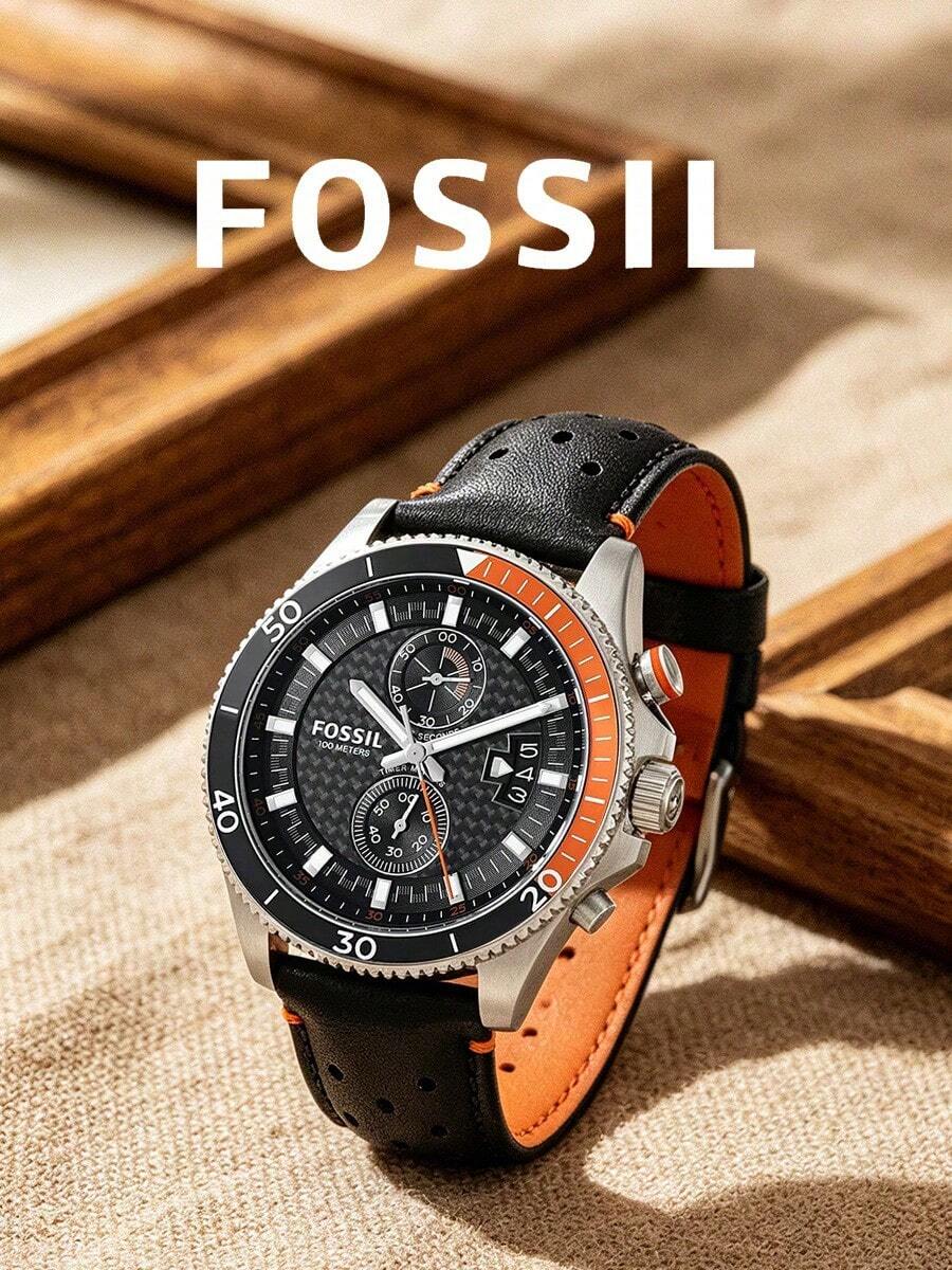 Fossil 男士石英皮革三针腕表,不锈钢表壳/防刮玻璃 CH2953 - 黑色 - 查看 1