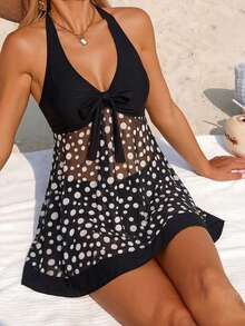 Damen Sommer Frühling/Sommer Strandurlaub Lässig Tankini 2-teiliges Set, Criss-Cross Schulterträger Patchwork Zufälliges Muster Mesh Polka Dot Bauchkontrolle Top und einfarbig schwarze vielseitige hochtaillierte gerade Bein Schwimmhose - Schwarz und Weiss - Übersicht 3