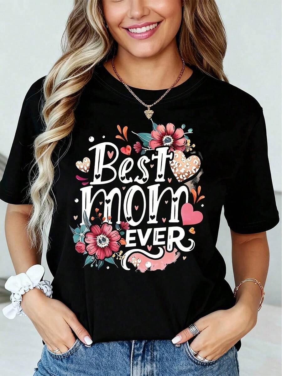 Short-Sleeved T-Shirt For Women With A Mom Theme, Sweet And Cozy Style, Heart Floral Print With The Phrase "World's Best Mom", Round Neck, Suitable For Spring And Summer. Perfect For Casual Outings, Holiday Gifts, Get-Togethers With Friends, Family Parties, And Vacation Wear. Leisure - 黑色 - 查看 1