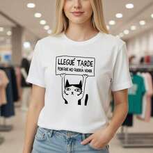 Women's Pure Cotton T-Shirt With Cat Print "I Was Late Because I Didn't Want To Come", Casual Short Sleeve Crew Neck T-Shirt, Comfortable Loose Fit Top, Available In Various Sizes, Cute Design T-Shirt For Everyday Wear, Soft - 白色 - 查看 1