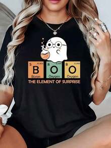 100% Cotton. Adorable Ghost With Glasses Holding A Flask Over The Periodic Table Forming The Word BOO. Funny Chemical Reference. Women's T-Shirt, 100% Cotton, 220g. Women's Simple Solid Color T-Shirt, Loose And Slim Fit Casual Short Sleeve - 黑色 - 查看 11