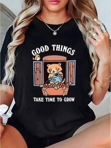 Women's PremiumLoose Versatile Short Sleeve T-Shirt - Wo's Cute Cat Design Black T-Shirt - Loose Fit Short Sleeve T-Shirt For Everyday Wear, Soft, Casual Summer Loungewear. Gift Idea. - 黑色 - 查看 7