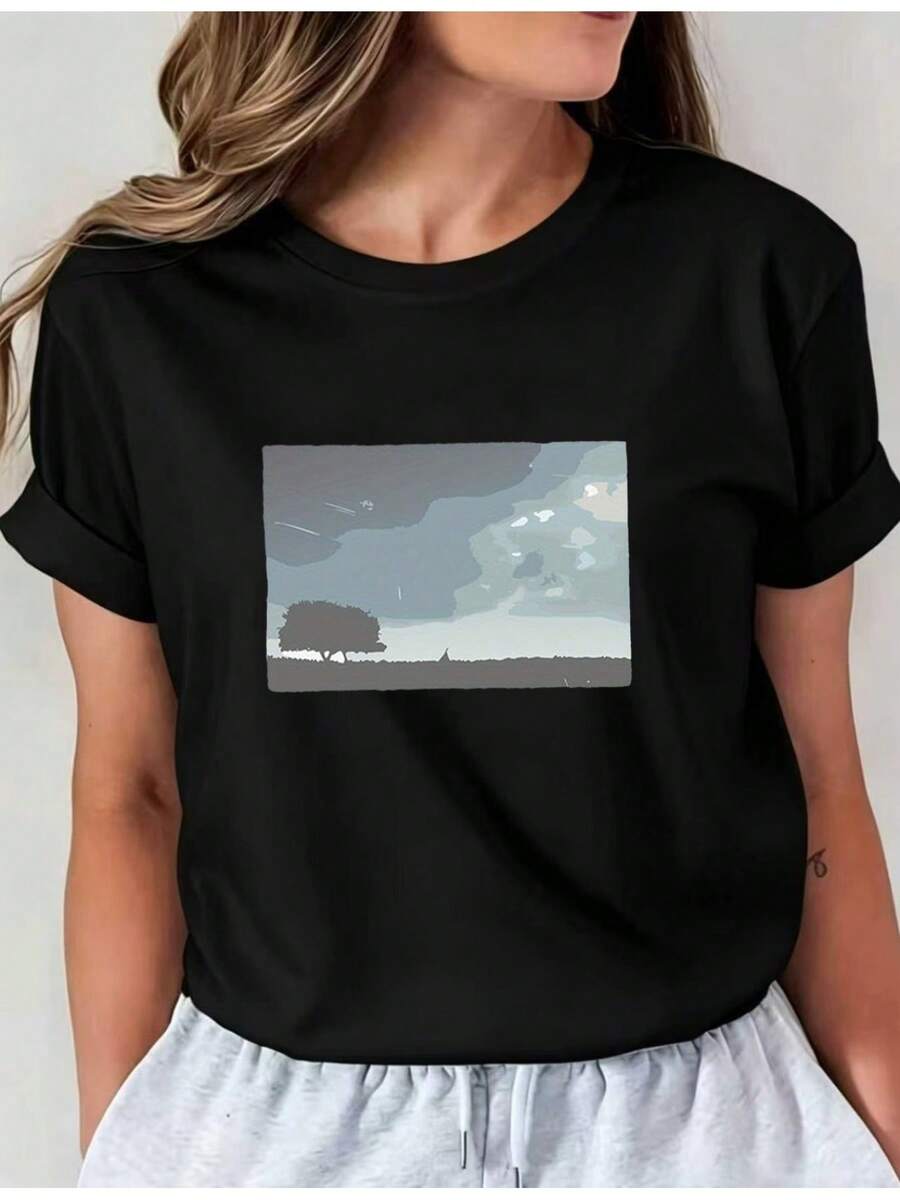 SuaveLatest Style Walking Lake Pattern Printed T-Shirt Casual Round Neck Base Shirt Short Sleeve T-Shirt For Spring And Summer Vacations Women'S New Women'S Clothing Machine Washable I01 Casual Crew Neck Top Comfortable Women'S WearcuteNew Arrival - 黑色 - 查看 1