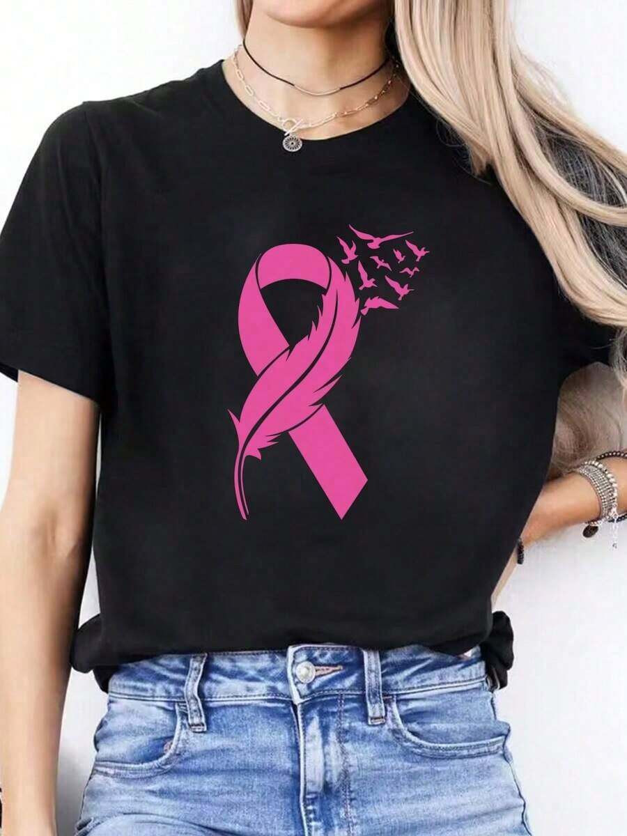 Breast Cancer Awareness T-Shirt With Pink Ribbon And Butterflies, Casual Knit Fabric For Spring/Summer, Medium Elasticity, Crew Neck, Polyester - Unisex Adult T-Shirt - 黑色 - 查看 1