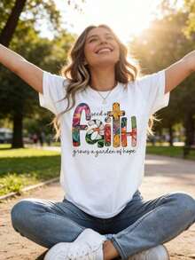 Women's Blouses: Women's Round Neck T-Shirt With Floral Print Of Faith And Inspirational Quotes, Short Sleeve, Casual Summer Clothing For Daily Wear And Religious Events, Y2keurmuse Style - 白色的 - 查看 4