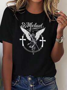Women's T-Shirt With Guardian Angel Design - Guardian Angel Design, Religious Symbol T-Shirt, Soft Casual Top For Everyday Wear (Machine Washable) - Christian Faith Clothing, Ode To Faith, Comfortable Fabric, Spiritual Explorer, Elegant Party Outfit, T-Shirt For Elegant Ladies, Blouses Suitable For Curvy Women, Casual Clothing, Cool And Sweat-Free Clothing In Summer, Fun Letter Print - 黑色 - 查看 6