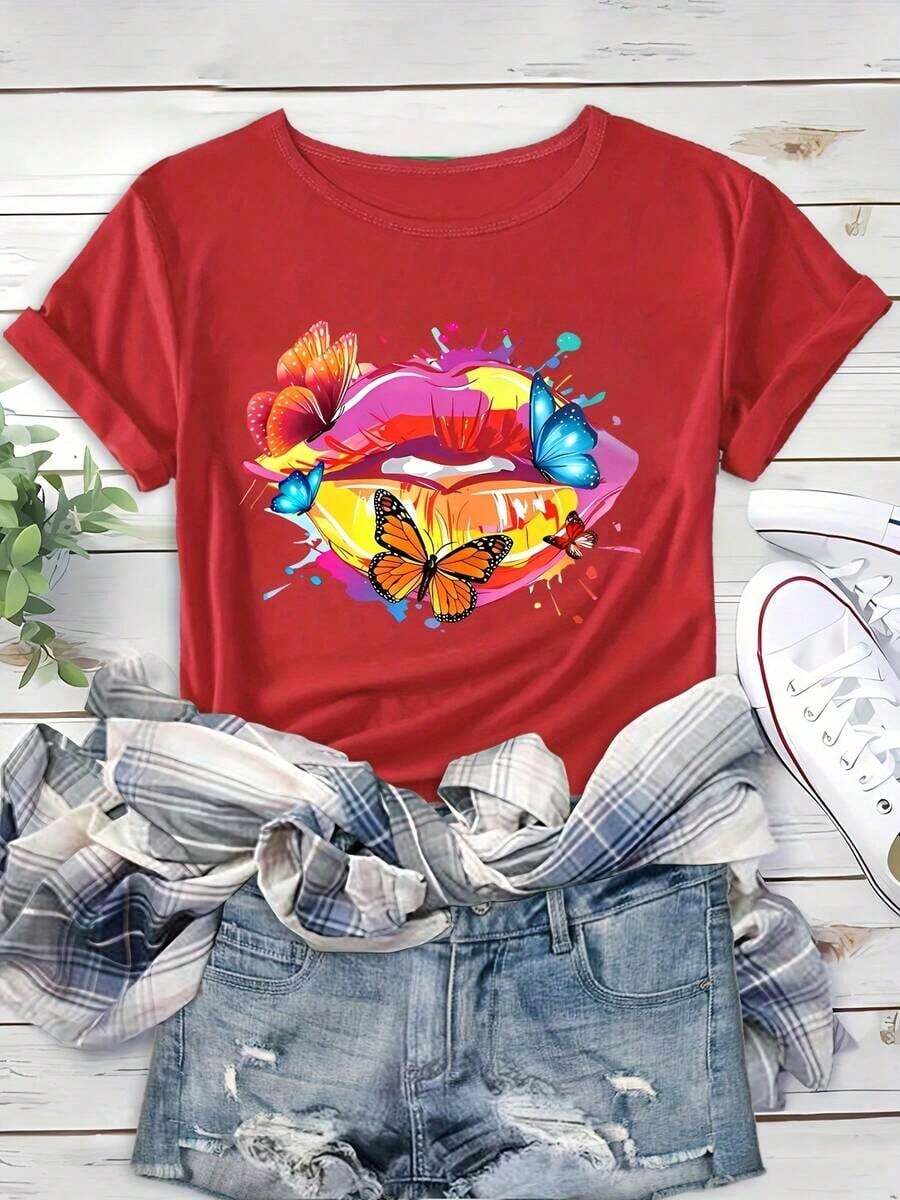 Fashionable Women's Top With Butterfly And Lip Print, Casual Short-Sleeved T-Shirt For Shopping, Parties, And Everyday Wear. ENTN 100% Cotton - 紅色的 - 查看 1