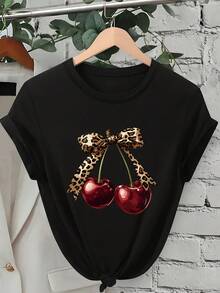 Short-Sleeved, Round-Neck T-Shirt With Cherry Print And Leopard Print Bow - Black - View 1