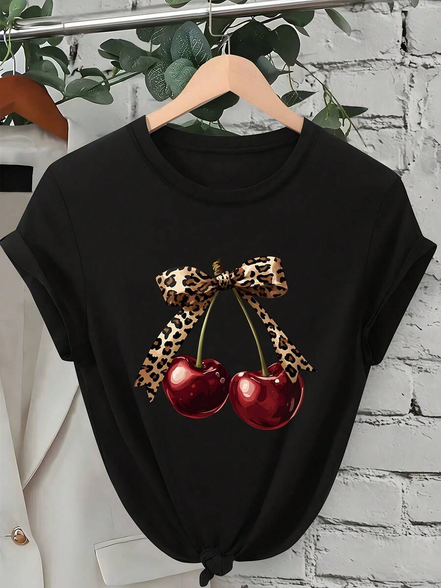 Short-Sleeved, Round-Neck T-Shirt With Cherry Print And Leopard Print Bow - Black - View 1