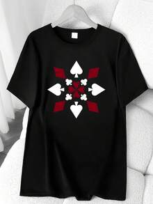 Geometric Patterns, Regular Geometric Shapes, Printed T-Shirt. Available In 6 Colors, Short Sleeves, Round Neck, High-Elasticity Casual Sports Top. Machine Washable. Suitable For Spring And Summer. Can Be Worn In All Seasons. Women's Clothing. Elegant Party Outfit, T-Shirt For Elegant Ladies, Blouses Suitable For Curvy Women, Casual Wear, Cool And Sweat-Free Summer Wear, Fun Letter Print. - 黑色 - 查看 1