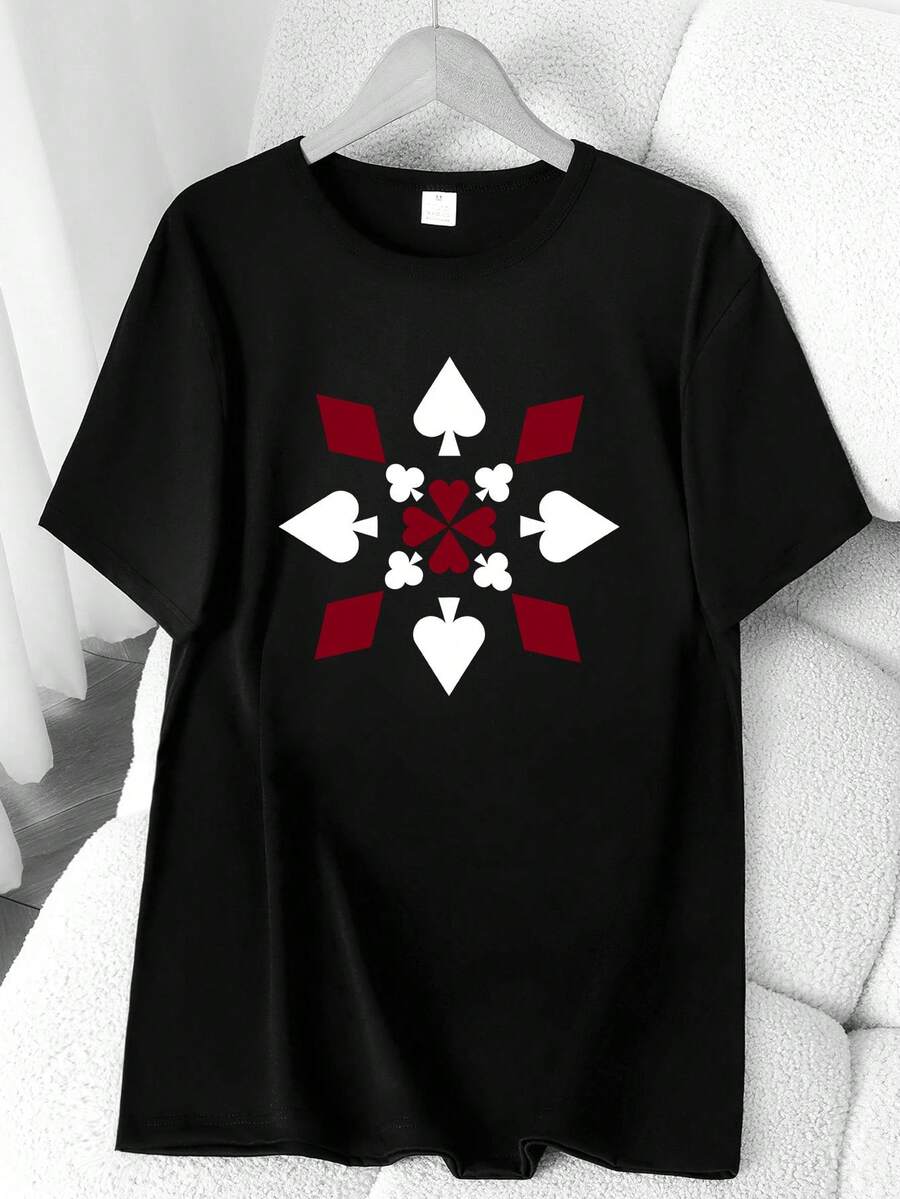 Geometric Patterns, Regular Geometric Shapes, Printed T-Shirt. Available In 6 Colors, Short Sleeves, Round Neck, High-Elasticity Casual Sports Top. Machine Washable. Suitable For Spring And Summer. Can Be Worn In All Seasons. Women's Clothing. Elegant Party Outfit, T-Shirt For Elegant Ladies, Blouses Suitable For Curvy Women, Casual Wear, Cool And Sweat-Free Summer Wear, Fun Letter Print. - 黑色 - 查看 1