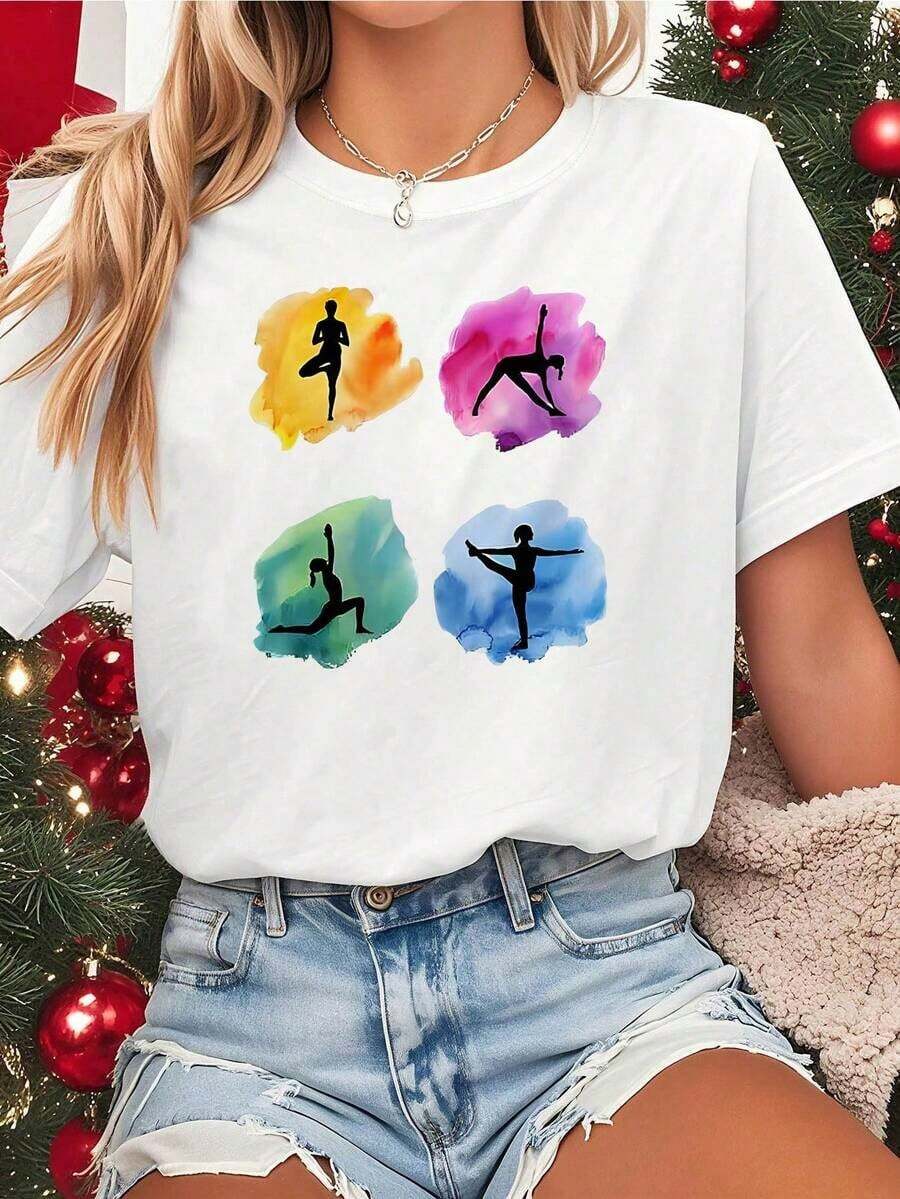 Pure Cotton T-Shirt With Yoga Pose Print And Watercolor Silhouettes, Inspirational T-Shirt For Women, Short Sleeve Top With Round Neck - Lightweight Casual White Clothing For Spring And Summer, Outfit For Christmas Parties - Outfit For Fans - Festive And Whimsical Design With Iconic Quotes - Comfortable And Machine Washable Casual Wear For Parties And Holidays - Plain White T-Shirt. - 白色的 - 查看 1