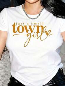 Women's Small Town Letter Print T-Shirt - Casual Short Sleeve Crew Neck Top For Summer And Spring, Black With White Letters And Heart Design, Lightweight Polyester, Women's T-Shirts - 白色 - 查看 6