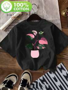 Pink Leaf Plant In Pink Pot, Rare Philodendron 'Princess Pink' Plant, A Gift For Collectors, Casual Short Sleeve Round Neck Blouse, For Summer And Spring, Women's Blouses. - 黑色 - 查看 1