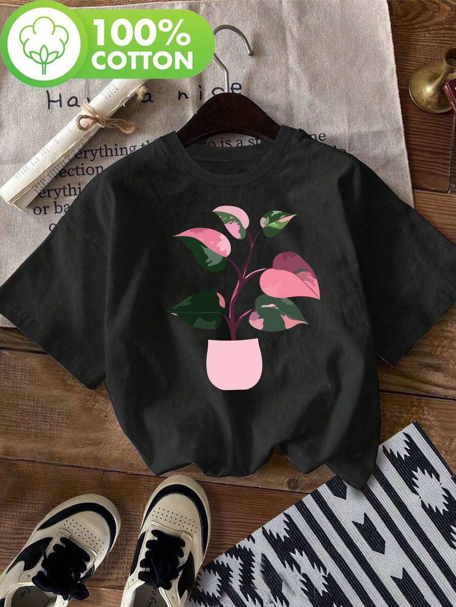 Pink Leaf Plant In Pink Pot, Rare Philodendron 'Princess Pink' Plant, A Gift For Collectors, Casual Short Sleeve Round Neck Blouse, For Summer And Spring, Women's Blouses. - 黑色 - 查看 1