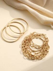 9pcs Minimalist Punk Inspired Metal Bangle Bracelet Set, Versatile For Vacation, Party, Birthday, Daily Wear - Yellow Gold - View 6