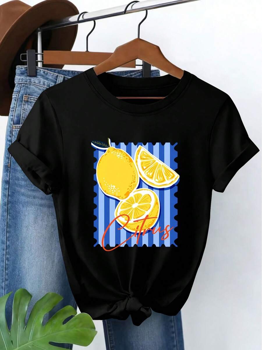 2026 Nueva Serie de Frutas Frescas, Estampado de Limones Cítricos a Rayas, Estilo Casual, Moda Vintage, Estilo Deportivo de Ocio para Primavera Verano, Camiseta de Manga Corta con Cuello Redondo Suave y Cómoda, Disponible en Tallas S-XXL - Negro - Ver 1