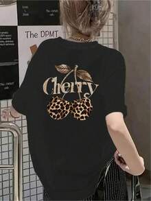 1 Pieza Camiseta Unisex Holgada 180g 100% Algodón Puro, Camiseta de moda unisex negra con diseño de cerezas y leopardo, estampado elegante, cómoda y ligera, ideal para verano, estilo casual, talla única, perfecta para salir o relajarse, categoría ropa,  2023. Cómoda y versátil para escuela, trabajo, salidas y eventos casuales - Negro - Ver 6