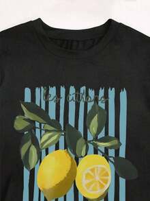 Mexican Basic 1 Letters Floral Leaf Casual None Beach Party Night Wedding Office Women's Slim Fit Casual Short Sleeve Lemon Print T-Shirt Cherry Strawberry Lemon New Launch - 黑色 - 查看 2