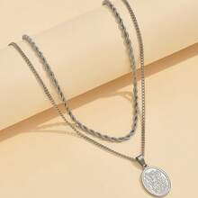 1 Set Of 2pcs Stainless Steel Archangel Michael Coin Pendant Necklace Set, Vintage Unisex Minimalist Bohemian Style Sweater Chain Necklace - Silver - View 3