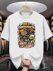 Men's Retro 90s T-Shirt With A Print Of Nostalgic Cassette Tapes, Skateboards, Portable Speakers, And Sneakers. High-Quality, Durable Print With A Casual Style. Suitable For Parties And Everyday Wear, Perfect For Holidays And Leisure Time, Ideal For Family Vacations And Parties, Back To School And Outings, Urban Style, Modern Fashion, Casual Summer Wear, And For Warm Weather. - 白色 - 查看 7