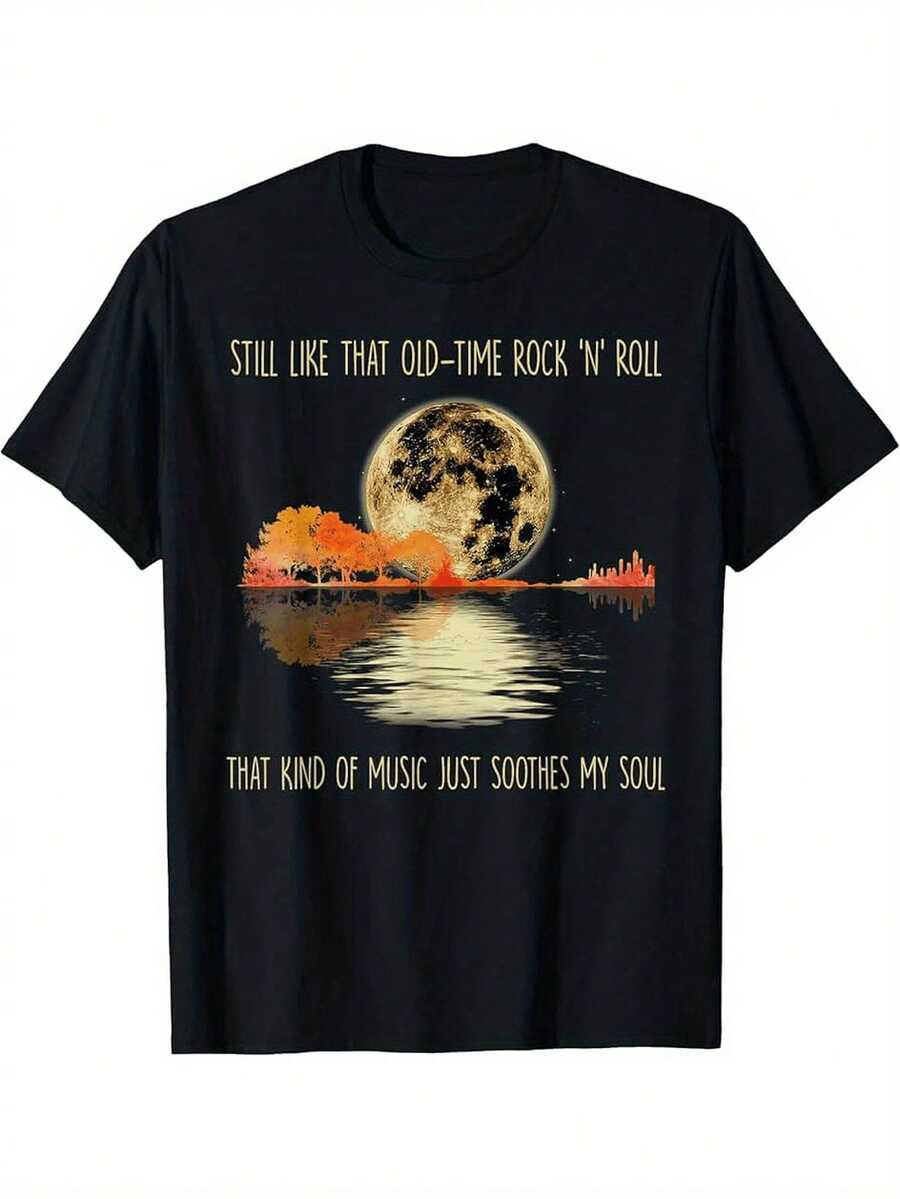 Men's Retro Rock T-Shirt, Suitable For Concerts - Casual Short Sleeve T-Shirt With Retro Music Logo And Full Moon Print, Casual Crew Neck Adult T-Shirt, Music Fan Clothing, Night Show Outfit - Machine Washable, Suitable For Travel, House Parties, A Perfect Gift For Women And Men. - 黑色 - 查看 1