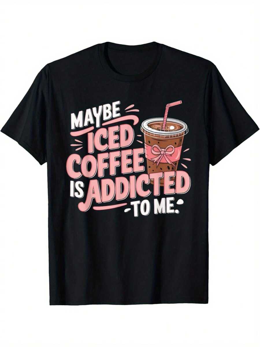 Camiseta Deportiva Casual para Mujer con Gráfico de Café Helado Rosa - Camiseta Negra de Cuello Redondo, Elástica y Lavable aáquina, con Ajuste Cómodo para Todas las Estaciones, para el Día a Día. - Negro - Ver 1