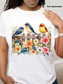 Wo's  Shirt, Cute Streetwear Style, Soft  Short Sleeves With Pattern Design, Casual Round Neck, Stretch Fabric,  Summer Top, Clothing, Comfortable And Fitted Shirt, Mother's Day Gift, Streetwear. Loose And Comfortable. - 白色 - 查看 2