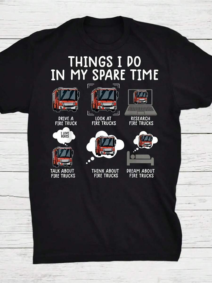 Fire Truck Print T-Shirt - Casual Short-Sleeved Round Neck T-Shirt, Suitable For Everyday Wear And Firefighter Gifts, Fire Department Collectibles (Machine Washable), Loose And Comfortable. - Back - View 1