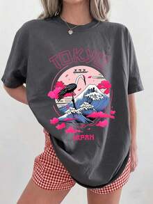 Women's Casual Short-Sleeved Round Neck T-Shirt With A Tokyo, Japan Crane Print, White, Perfect For Summer Outfits. - 深灰色 - 查看 7