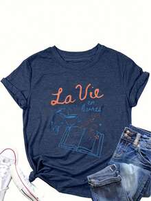 Women's Casual Summer T-Shirt, Literary Style, Parisian Style, Playful Fashion, College Style, Book Aesthetic, Predestined To Read French Phrases - 白色 - 查看 8